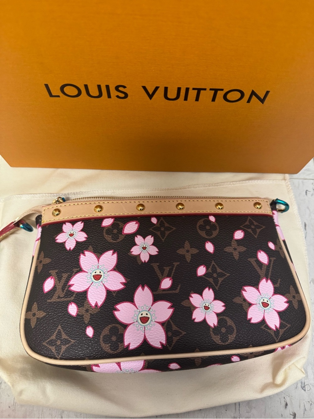 Louis Vuitton Brown Monogram Floral Pochette with Pink Accents - Picture 5 of 17